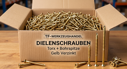Großer Karton voll mit gelb verzinkten Dielenschrauben. Im Vordergrund drei aufrecht stehende Schrauben mit Torx-Kopf und Bohrspitze. Beschriftung auf dem Karton: TF-Werkzeughandel Dielenschrauben.
